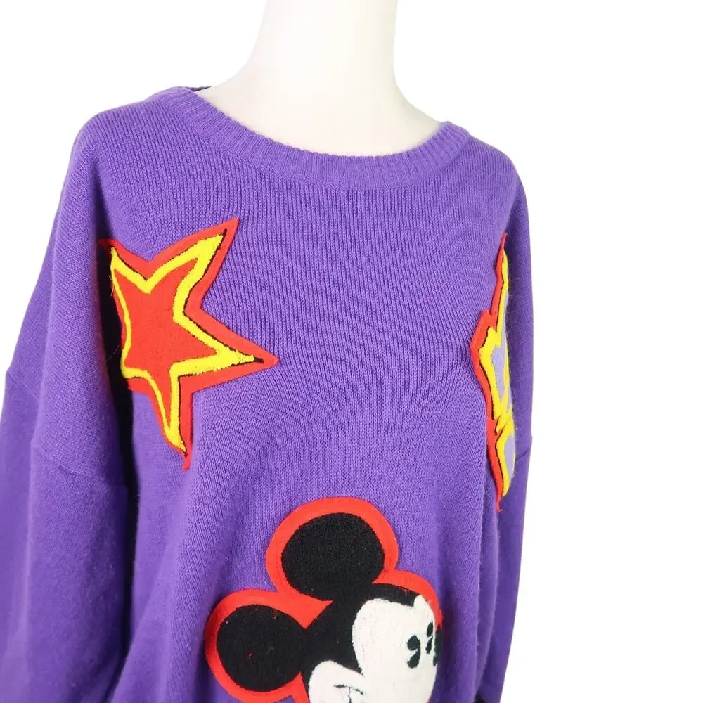Vintage 80s Sunday Comics purple Mickey Mouse patch sweater L